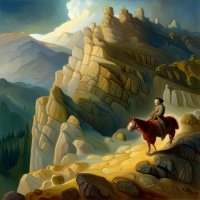 A mouse riding on a horse in a mountainside scene, Painting by Rembrandt
