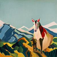 A mouse riding on a horse in a mountainside scene, Painting by warhol