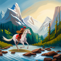 A mouse riding on a horse in a mountainside scene, Painting by disney
